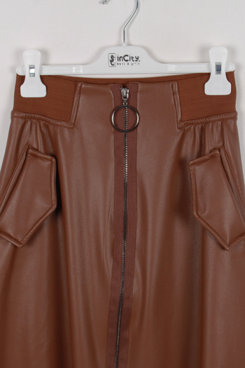 incity Girl's Pockets, Zippered Front, Below the Knee Faux Leather Skirt