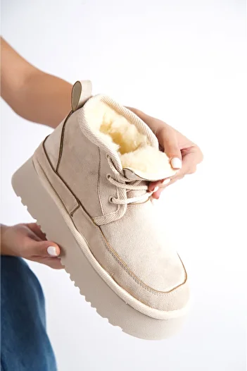 TOPUK Hugu Lace-Up Χοντρή σόλα Γυναικείες Μπότες με Γούνα Εσωτερικά Εκρού