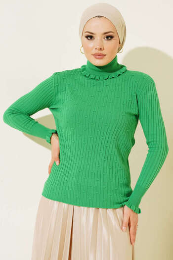 benguen 5016 Turtleneck Knitwear with Frilled Neck and Sleeves Bady Green