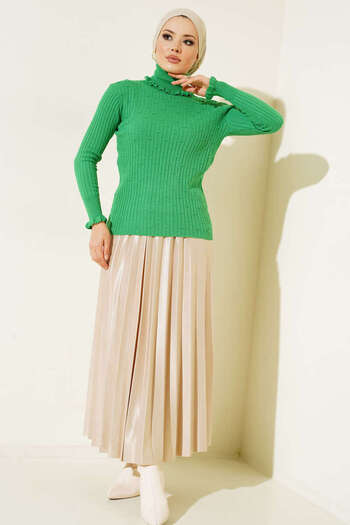 benguen 5016 Turtleneck Knitwear with Frilled Neck and Sleeves Bady Green