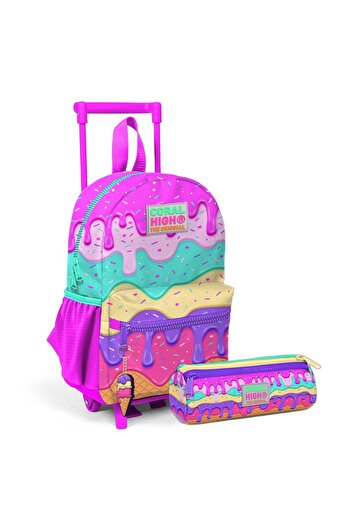 Coral High Adalihome Little Nest - Pink Ice Cream Patterned Two-Compartment Backpack Set with Squeegee