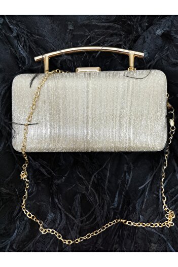 NAZART Kadın Lazer Altın Gold Abiye Clutch Portföy El Düğün Nişan Gece Çantası