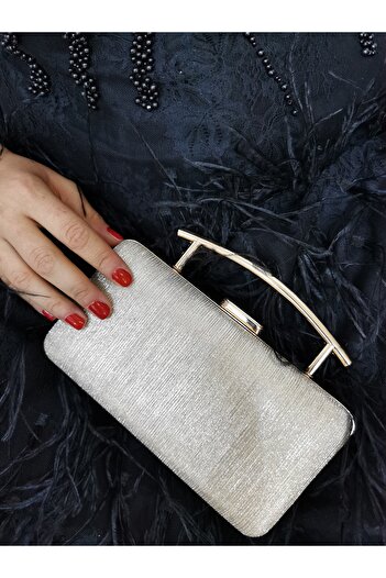NAZART Kadın Lazer Altın Gold Abiye Clutch Portföy El Düğün Nişan Gece Çantası