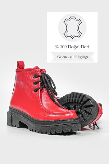 TUNAELLİ KADIN KIRMIZI HAKİKİ DERİ 35-41 NUMARA BAĞCIKLI BOT & BOOTİE