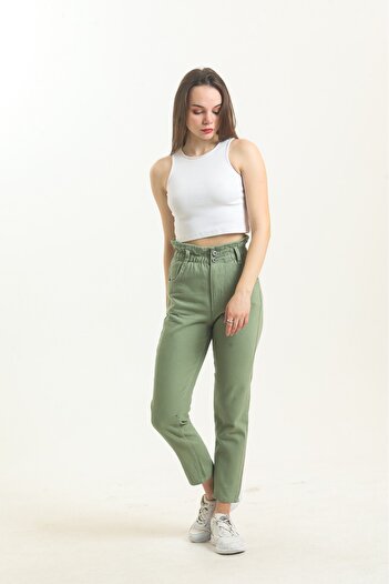SHEVEGA Green Elastic Waist Mom Jean Jeans