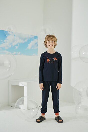 Sevim Boy's Long Sleeve Navy Blue Pajamas Set C8T5N6O2