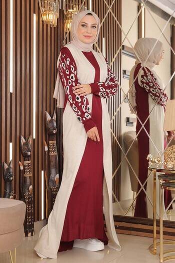 Modamihram Women's Burgundy Sleeves Patterned Knitwear Dress