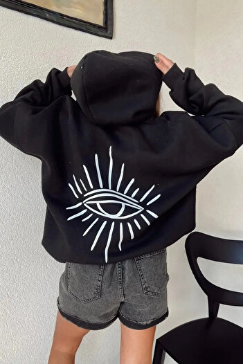 MODAGEN Unisex Black 3 Thread Eye Printed Oversize Hooded Sweatshirt