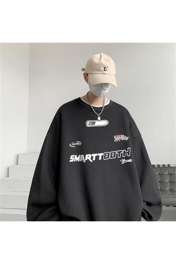 Touz Smarttooth Printed Black Unisex Oversize Crew Neck Sweatshirt