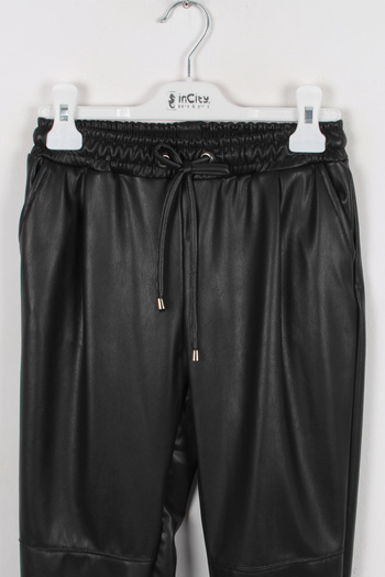 incity Girl's Black Faux Leather Pants with Elastic Legs