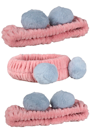Toyaş Dusty Rose Blue Pompom Plush Bandana Makeup Spa Hair Band