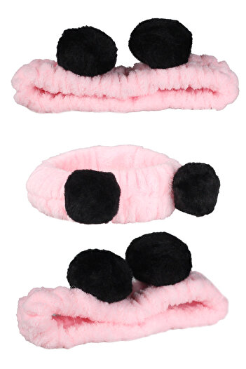 Toyaş Pink Black Pompom Plush Bandana Makeup Spa Hair Band
