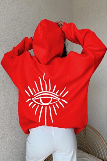 MODAGEN Unisex Red 3 Thread Eye Printed Oversize Hooded Sweatshirt