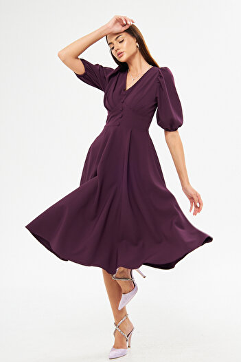lovebox Flexible Fabric V-Neck Waist Button Detail Midi Length Flared Plus Size Plum Evening Dress 422