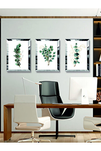 YALOVA SHOP Modern Artistic Digital Uv Printing Silver Mirror Plexi Framed 3-Piece Green Flower Painting Set
