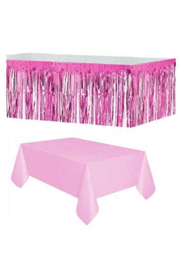 ÖFN Aksesuar Pink Metallized Table Skirt 90×350 Cm Disposable Plastic Pink Tablecloth 120×180 Cm