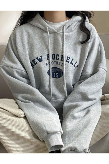 Josette Gri Unisex New Rochelle Football Baskılı Oversize Sweatshirt Kapüşonlu
