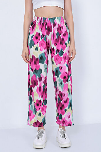 Fiftyone Wear Women's Elastic Waist Regular Leg Black Blue Pink Floral Patterned Summer Pocket Viscose Trousers