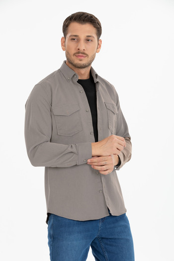 Varetta Men's Dark Beige Double Pocket Plain Lycra Long Sleeve Denim Shirt