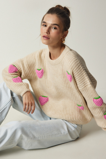Happiness İstanbul Pulover de damă din tricot cu textura căpșuni bej PF00022