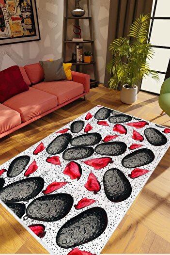 10 Post Online Salon Halısı Figürlü Modern Kırmızı Siyah Beyaz Kaydırmaz Kesme Yıkanabilir Ince Halı Tüysüz Kilim