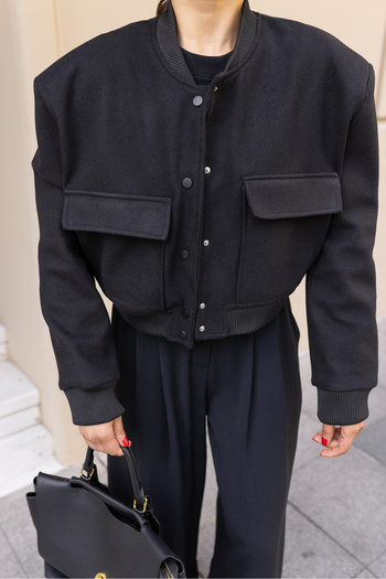 Askı Nişantaşı Black Snap Button Two Bag Pocket Stitched Bomber Jacket 115-00407