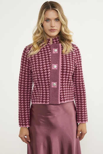Sementa Houndstooth Patterned High Collar Knitwear Cardigan - Pink