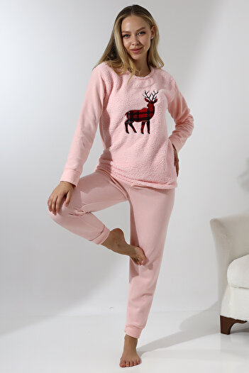 Wordex Fawn 5016 Peluş Welsoft Polar Kışlık Yumoş Geyikli Kadın Pijama Takımı