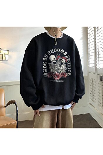 Touz Skulls In Love Printed Black Unisex Oversize Crew Neck Sweatshirt