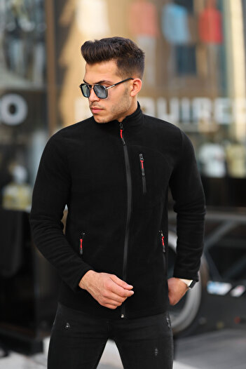 Kozik TSHIRT Δώρο Ανδρική Μαύρη Softshell Fleece Standard Πλήρες φερμουάρ 3 τσέπες Ανδρική ζακέτα Fleece