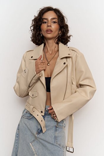 MAİ COLLECTİON Sybil Cream Short Leather Jacket