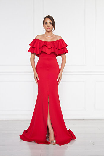 lovebox Flexible Scuba Fabric Madonna Neck Slit Maxi Length Fish Model Plus Size Red Evening Dress
