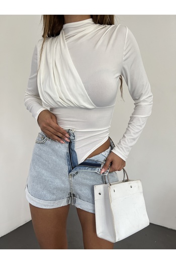 Fav Style Γυναικείο κορμάκι με μακρυμάνικο γιακά με λεπτομέρεια μπροστά, λευκό