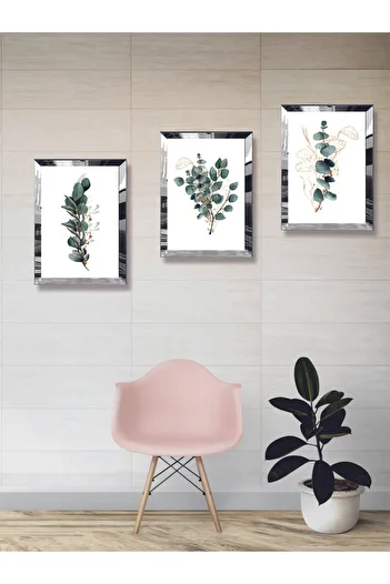 YALOVA SHOP Modern Artistic Digital Uv Printing Silver Mirror Plexi Framed 3-Piece Green Flower Painting Set