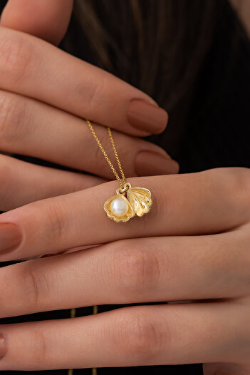 SUNSHINE 925 Ayar Gold Kaplamalı Incili Istiridye Gümüş Kolye