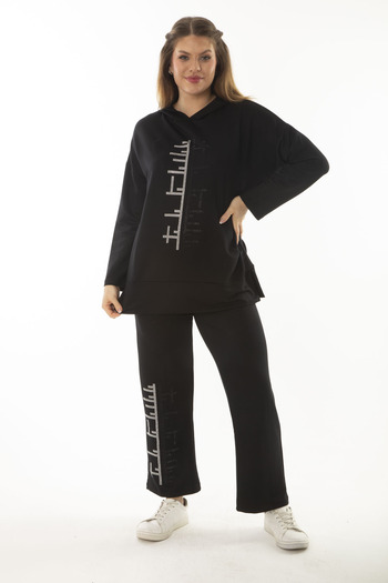Şans Women's Large Size Black Stone Detailed Hooded Sweatshirt Trousers Double Suit 65N37001