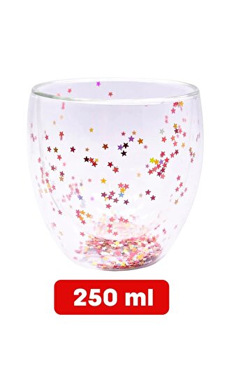 Tilbe Home 4'lü Çift Cidarlı Bardak Yıldız Simli Kahve Sunum Kokteyl Bardağı Isıya Dayanıklı Borosilikat 250ml