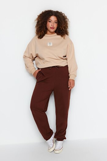 Trendyol Curve Plus Size Brown Knitted Jogger Sweatpants - Elastic Leg Tbbss22Ea0065