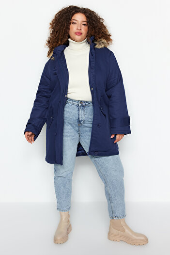 Trendyol Curve Navy Blue Furry Hooded Parka - TBBAW24AW00022