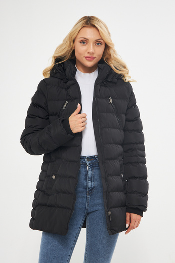 DYNAMO Women's Black Hooded Puffer Thick Short Coat