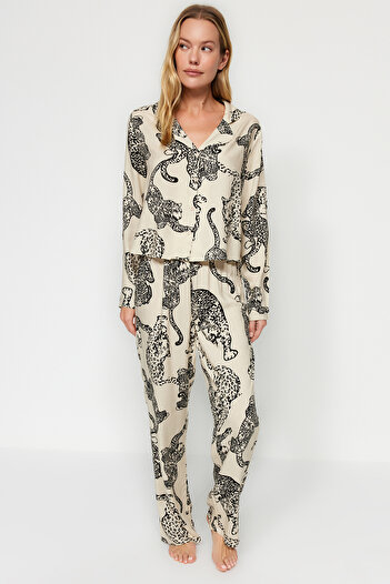 Trendyol Collection Cream Tiger Pattern Viscose Woven Pajamas Set Thmaw24Pt00092
