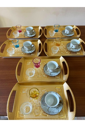 DİBA AVM Porcelain Gray Coffee Cup Set Coffee Side Cup and Presentation Tray 30 Pieces for 6 People