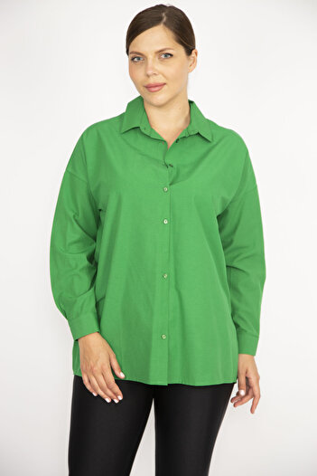 Şans Women's Large Size Green Front Buttoned Long Sleeve Shirt 65N37037