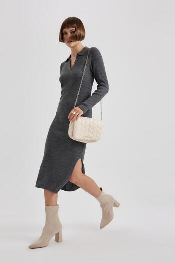 DeFacto Apaş Collar Midi Knitwear Dress - Long Sleeve, Slit B2400Ax23Wn