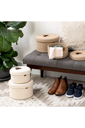 HandmadeSNM 2-Piece Organizer Wicker Basket Organizer with Lid