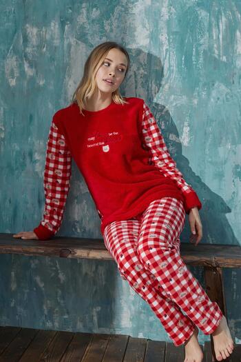 Pijamaevi Red Home Plush Mother Daughter Family Pajamas - Mother Set