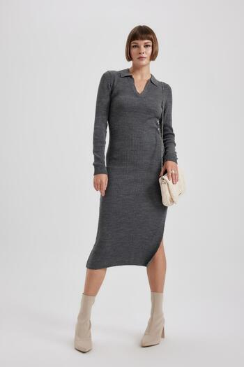 DeFacto Apaş Collar Midi Knitwear Dress - Long Sleeve, Slit B2400Ax23Wn