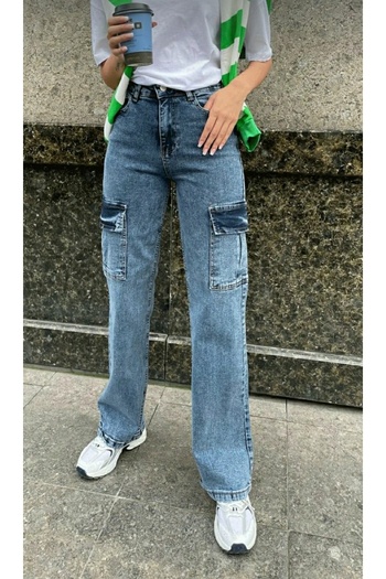 Trn JNS Pantaloni Iza Medium Blue Snow Wash Cargo, largi la spate, fără buzunare, din lycra, cu talie super înaltă