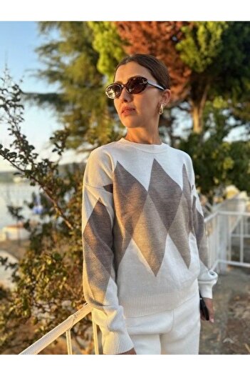 soBasic Crew Neck Long Sleeve Diamond Patterned Knitwear Double Set-Ecru - STD