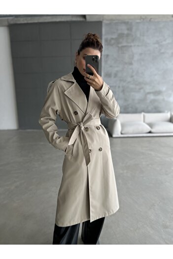 Laluvia Beige Button Detailed Belted Long Trench Coat